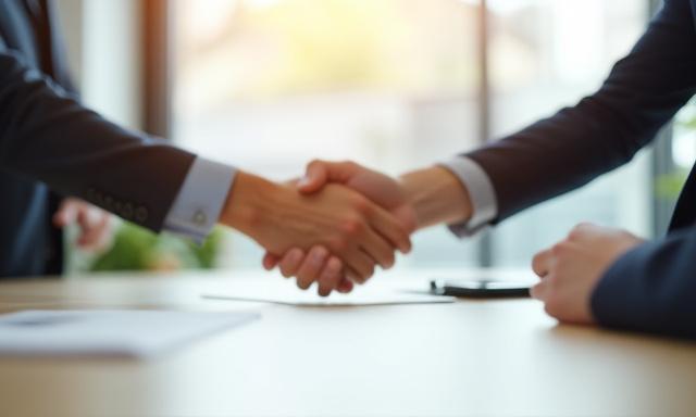 Två personer som skakar hand över ett mötesbord.